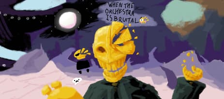 A floating golden skull, grinning at Nowak from Brutal Orchestra, who is a golden skull with no jaw. Both skulls have the left side of their head shattered, with the pieces floating. A third person is in the background, with their head being just a gold jaw.