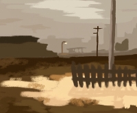 landscape with dying grass and ruined buildings in the background. there is a light post and a power line in the distance, as well as a light post close to the camera. the top of that light post is cut off by the border of the image.