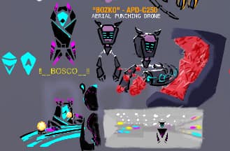 obesk version of the Bosco drone from deep rock galactic and drone version of Bozko from corru observer. Bosco is at a bar drinking two simulacrums while Bozko is punching nitra deposits.