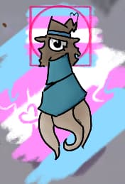 oculuce floating in front of the trans flag. oculuce is a giant floating eyeball with brown hair wearing a brown witches hat with a blue band and a teal robe. three tendrils are seen coming out of the bottom of the robe.