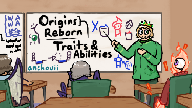 cabbage66yt's persona at the front of a classroom, wearing a gold crown with emeralds and a green sweater. there is a whiteboard with various doodles of origins using their abilities, as well as having origins reborn traits and abilities written on it. three people are seen seated in front of him. the right one has wings, the middle one has multiple spider limbs, and the right has an eyeball for a head and is made of fire.