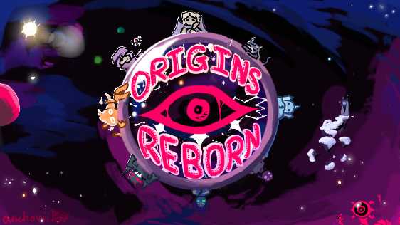origins reborn logo. background is of a solar system, with a sun in the top left. a red planet, scattered floating islands, and cycloptic wormlike creatures are visible.