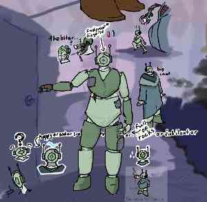 a green robot with a glowing red eye, staring right at the camera as they reach to open a door. the phrase foolproof disguise is pointed at it, with an asterisk being placed next to foolproof. next to this is a red lens. various doodles surround SC-4V, such as it with a metal jaw, them wearing a big coat, and it running from a rolling machine.