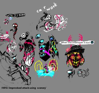 doodles of various corru observer characters, including bastard geli making the jerma sus face and an obesk hitting a W R K with a normal chair.