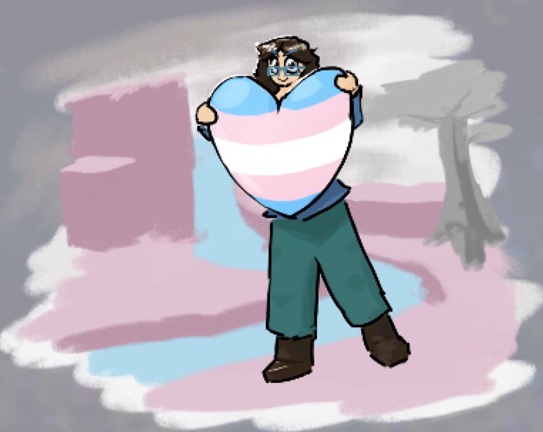my sona holding a large heart the size of her torso. the heart has the colours of the trans flag. she is standing on pink land next to a mint-blue river. a waterfall is seen in the distance, alongside a white tree against a grey sky.
