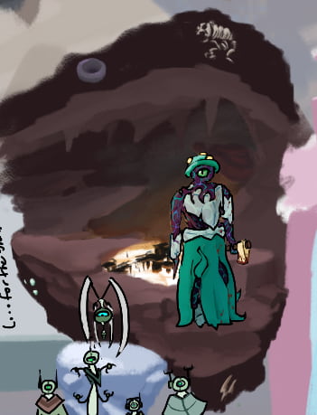 a cycloptic mushroom person standing in a cave. she is looking at the screen with her single green eye. she is holding a golden axe. she is wearing light blue stone, with her body growing around it, as well as a teal skirt. the cave has a lava pool visible far below, with a structure with a broken bridge sitting in the lava.