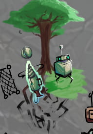wulfrum drill, an orb and a robot standing next to a tree. the metal composing them all is a pale green, with a teal light emitting from a slot in the middle of the orb and eye. the robot is a cube with a claw leg on each orthogonal side, with a flat disc head on top. an antenna extends from the head.